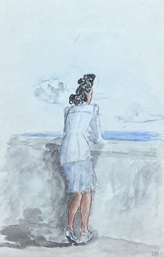 Chic Lady in Blue Suit Gazing out to Sea Französisches Aquarell aus der Mitte des Jahrhunderts