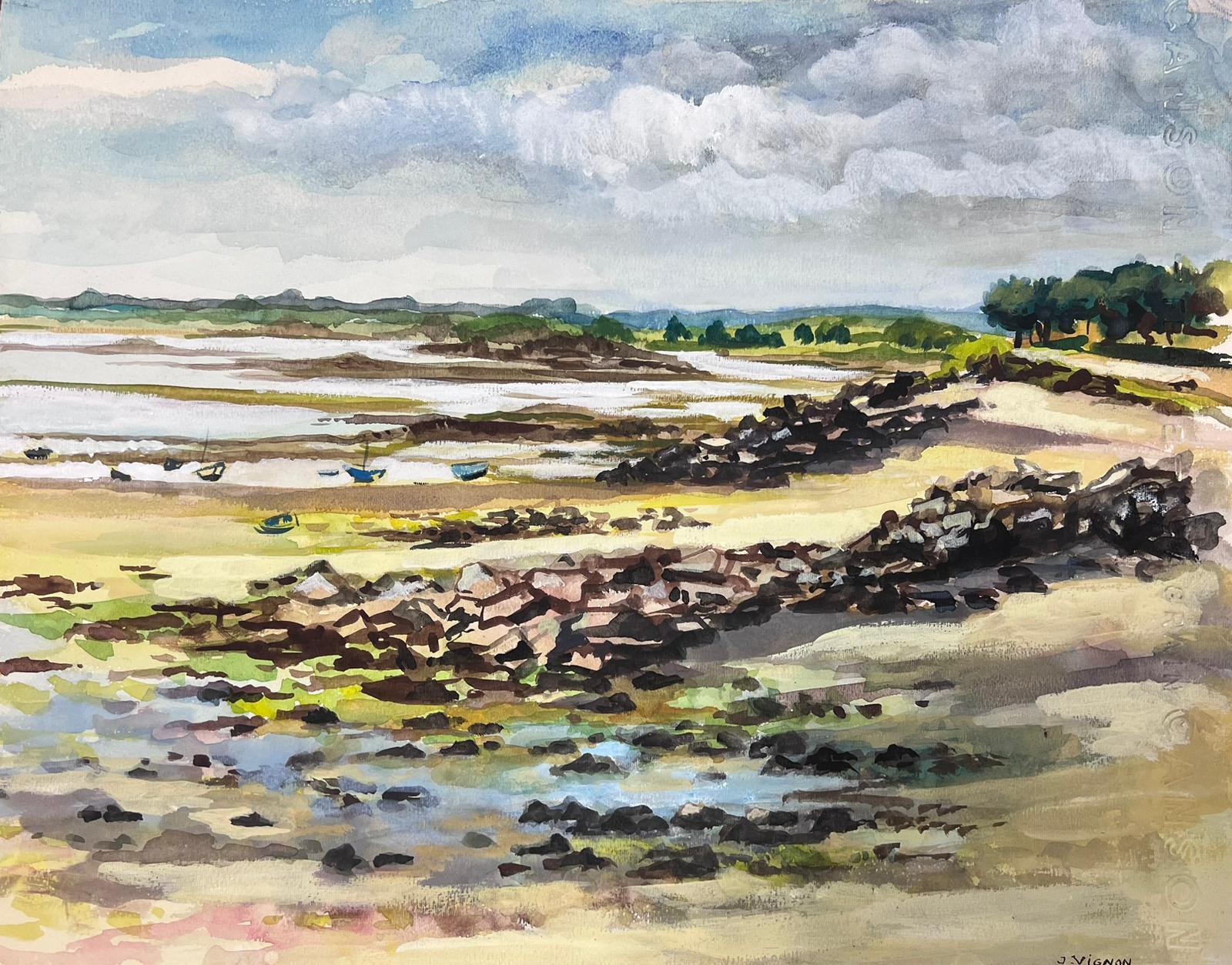 Landscape Painting di Josine Vignon - Scena costiera acquerellata di bassa marea con costa rocciosa e barche lontane