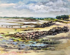 Coastal-Aquarellszene von niedrigem Tide mit felsigen Shoreline und Distanzbooten