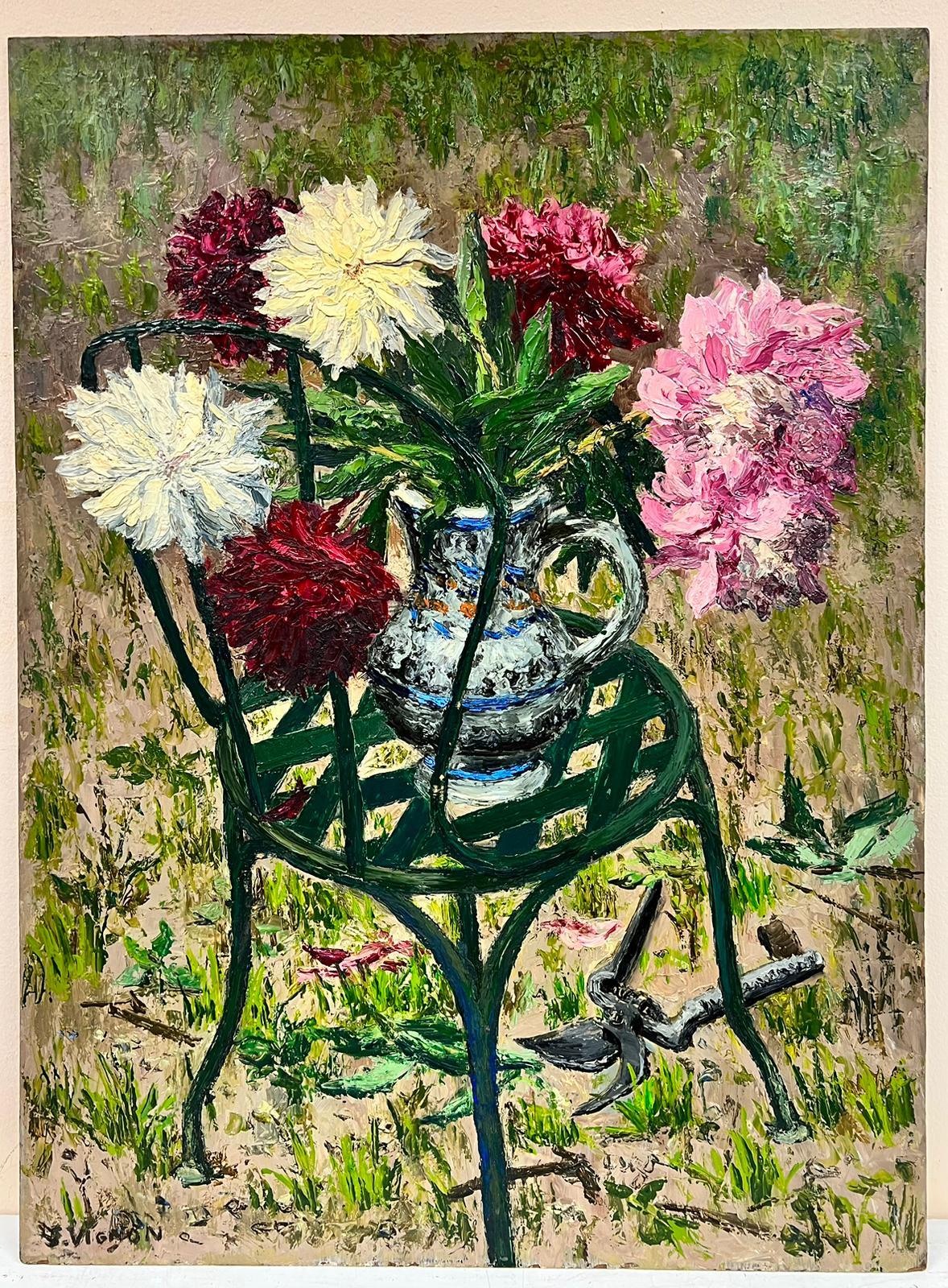 Color Bursting Flowers In A Vase Resting On A Green Garden Chair Thick Oil  - Painting by Josine Vignon