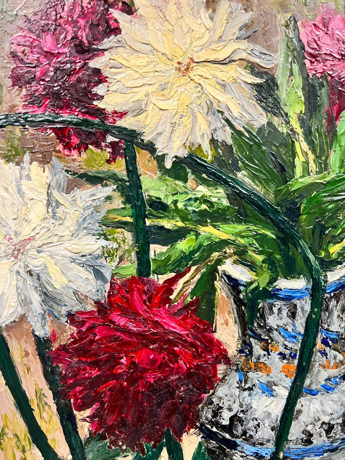 Color Bursting Flowers In A Vase Resting On A Green Garden Chair Thick Oil  - Post-Impressionist Painting by Josine Vignon