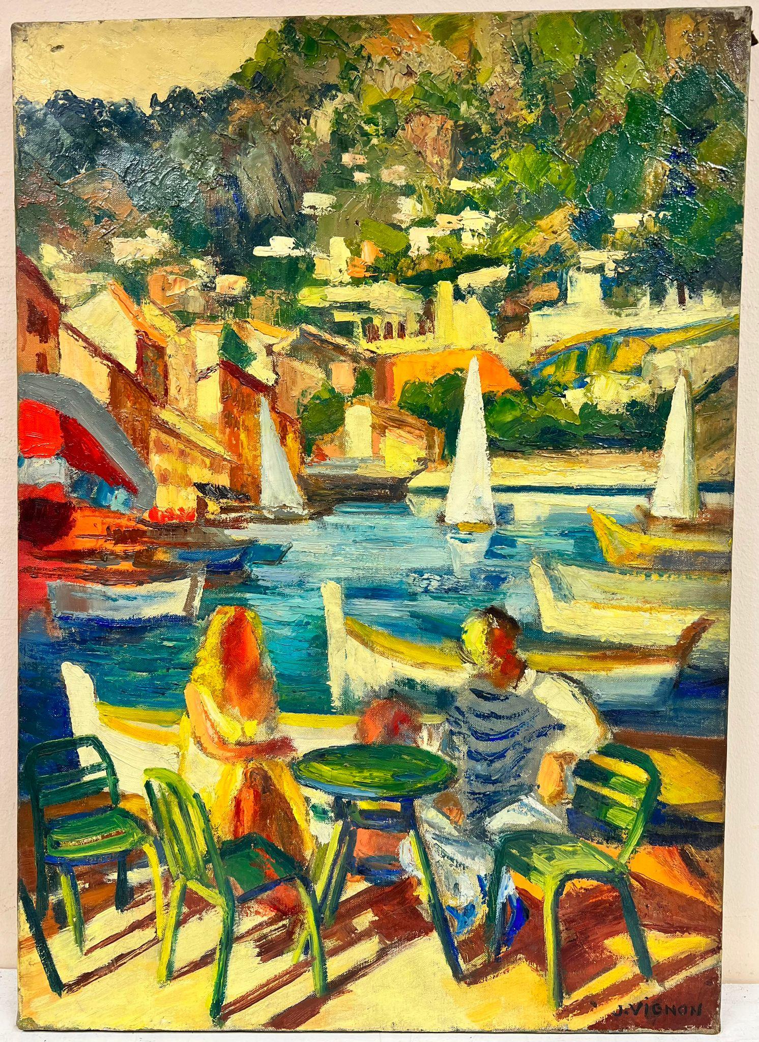 Couple Dining By The Vibrant Cagnes Sur Mer Harbour French Signed Oil  - Painting by Josine Vignon