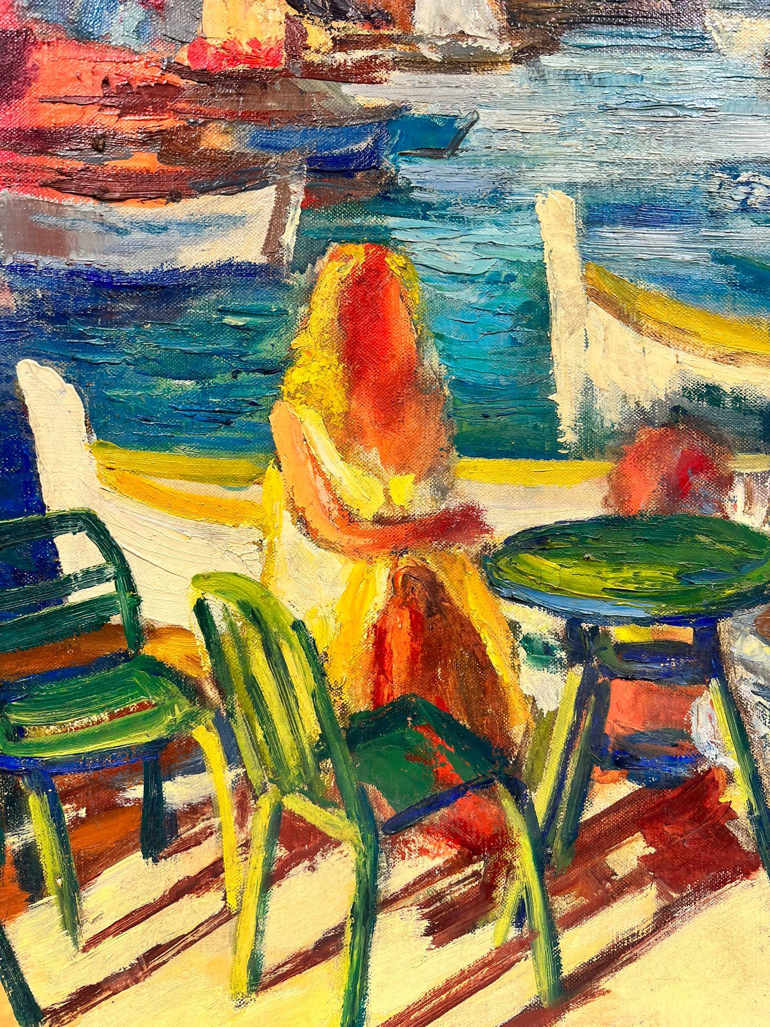 Couple Dining By The Vibrant Cagnes Sur Mer Harbour French Signed Oil  - Post-Impressionist Painting by Josine Vignon