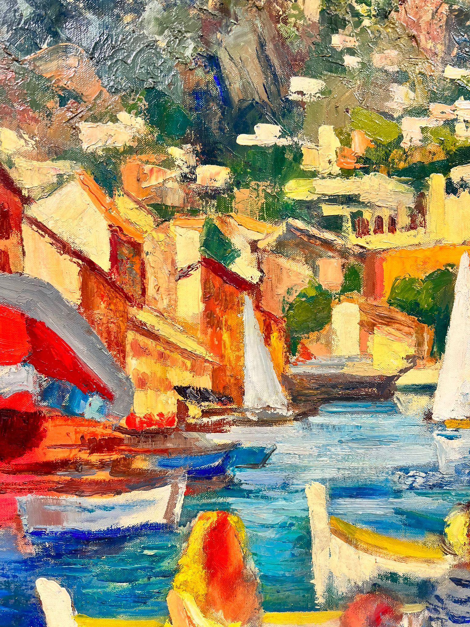 French Harbour
by Josine Vignon (French 1922-2022)
signed on front and back
oil painting on canvas, unframed

canvas: 25.5 x 18 inches

Colors: Green colors, blue, yellow, beige, orange ,red ,white and pink

Very good condition

Provenance: from the