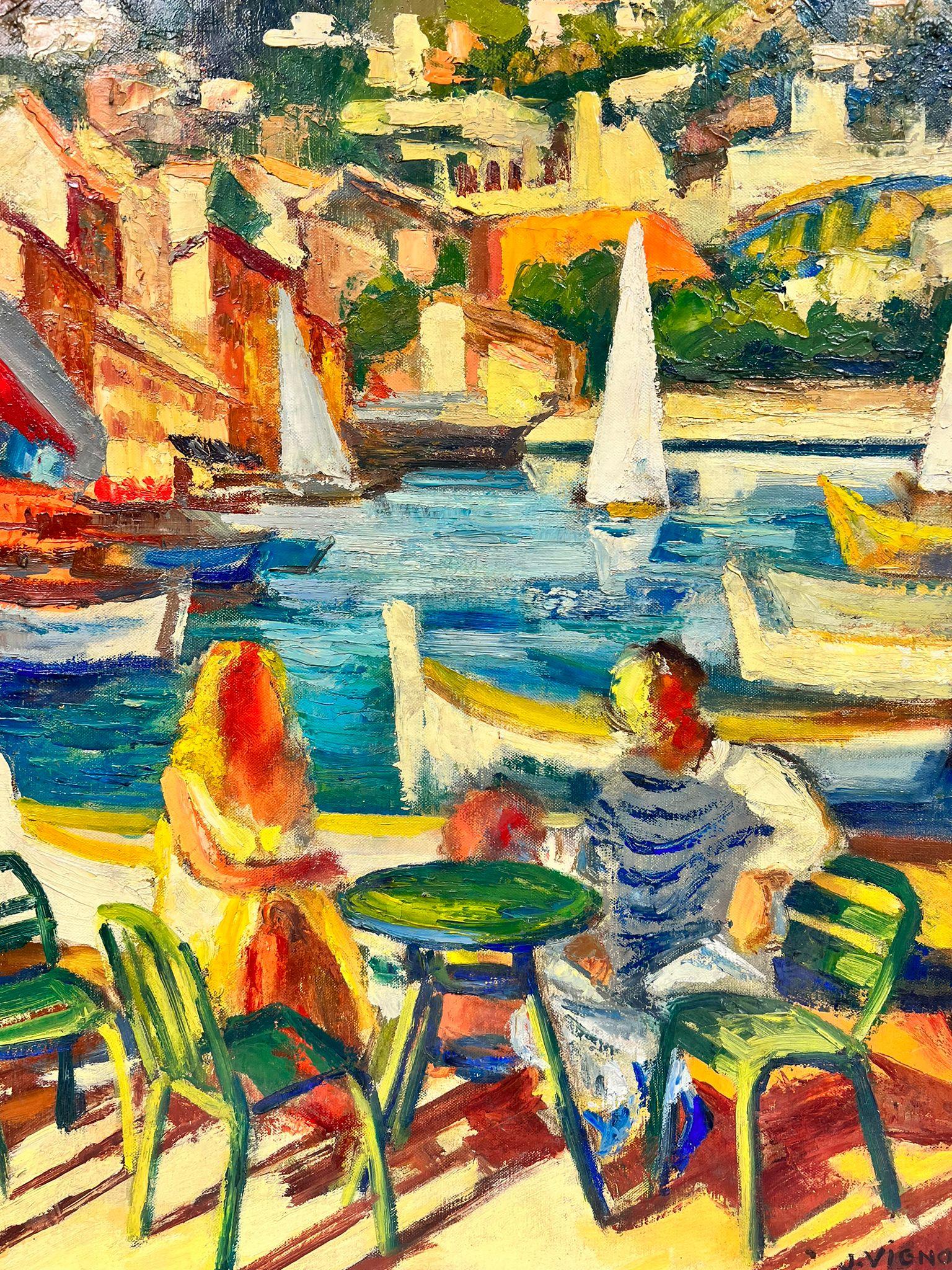 Couple Dining By The Vibrant Cagnes Sur Mer Harbour French Signed Oil  For Sale 2