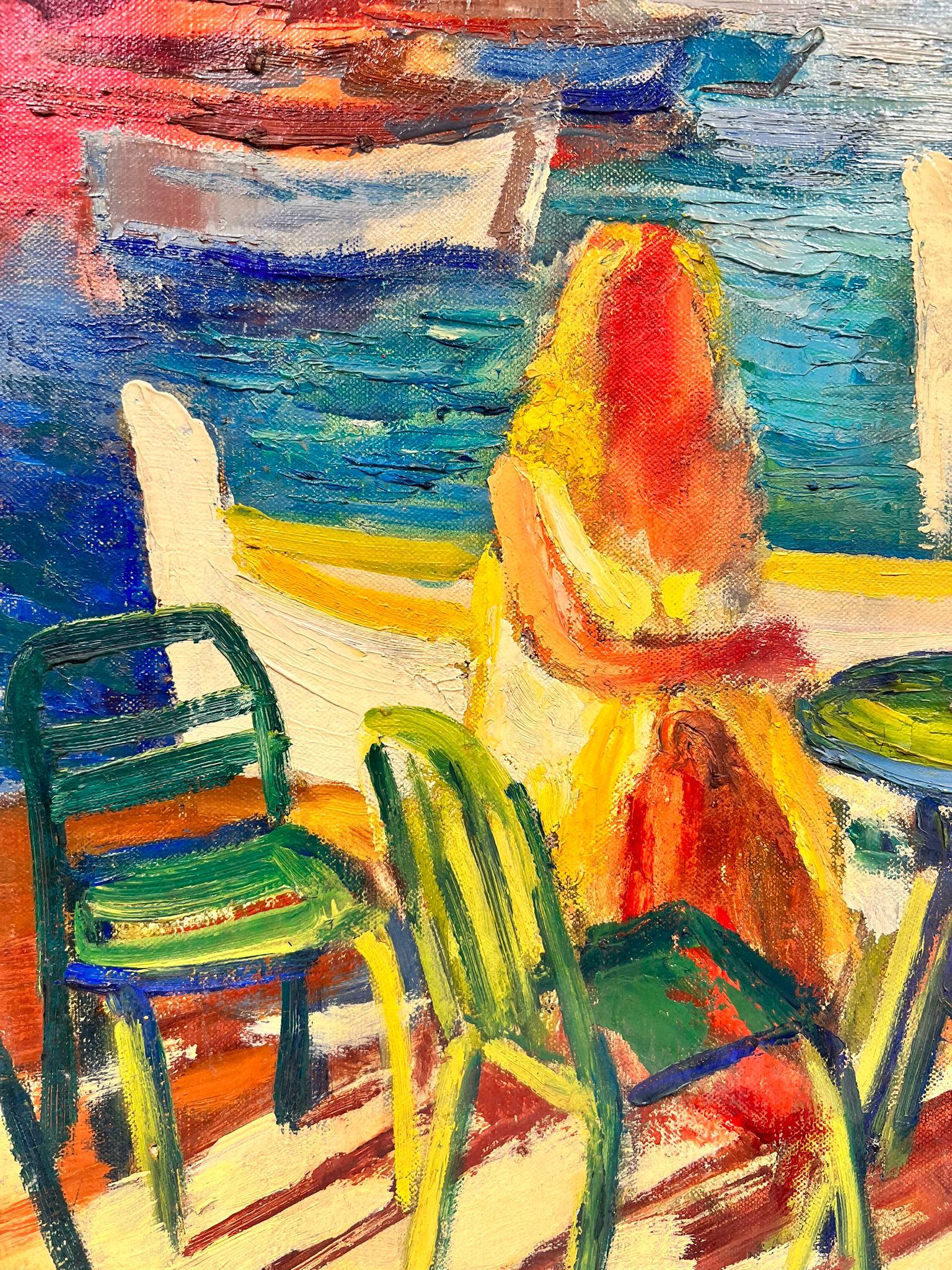 Couple Dining By The Vibrant Cagnes Sur Mer Harbour French Signed Oil  For Sale 5
