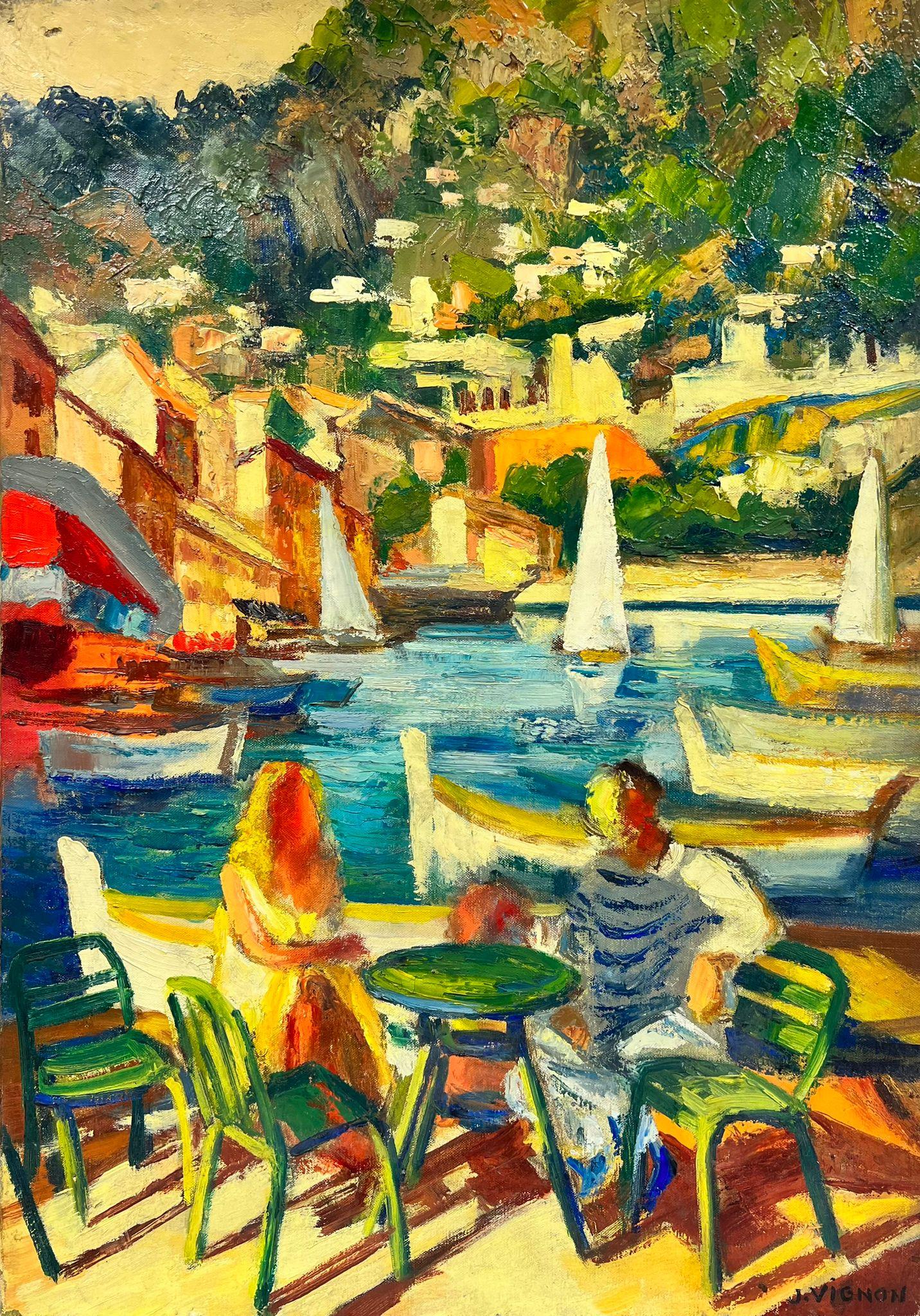 Josine Vignon Landscape Painting - Couple Dining By The Vibrant Cagnes Sur Mer Harbour French Signed Oil 