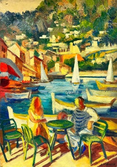 Couple Dining By The Vibrant Cagnes Sur Mer Harbour French Signed Oil 