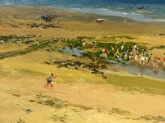 Crowded Beach Scene Figures Playing on Sand 20th Century French Oil Painting