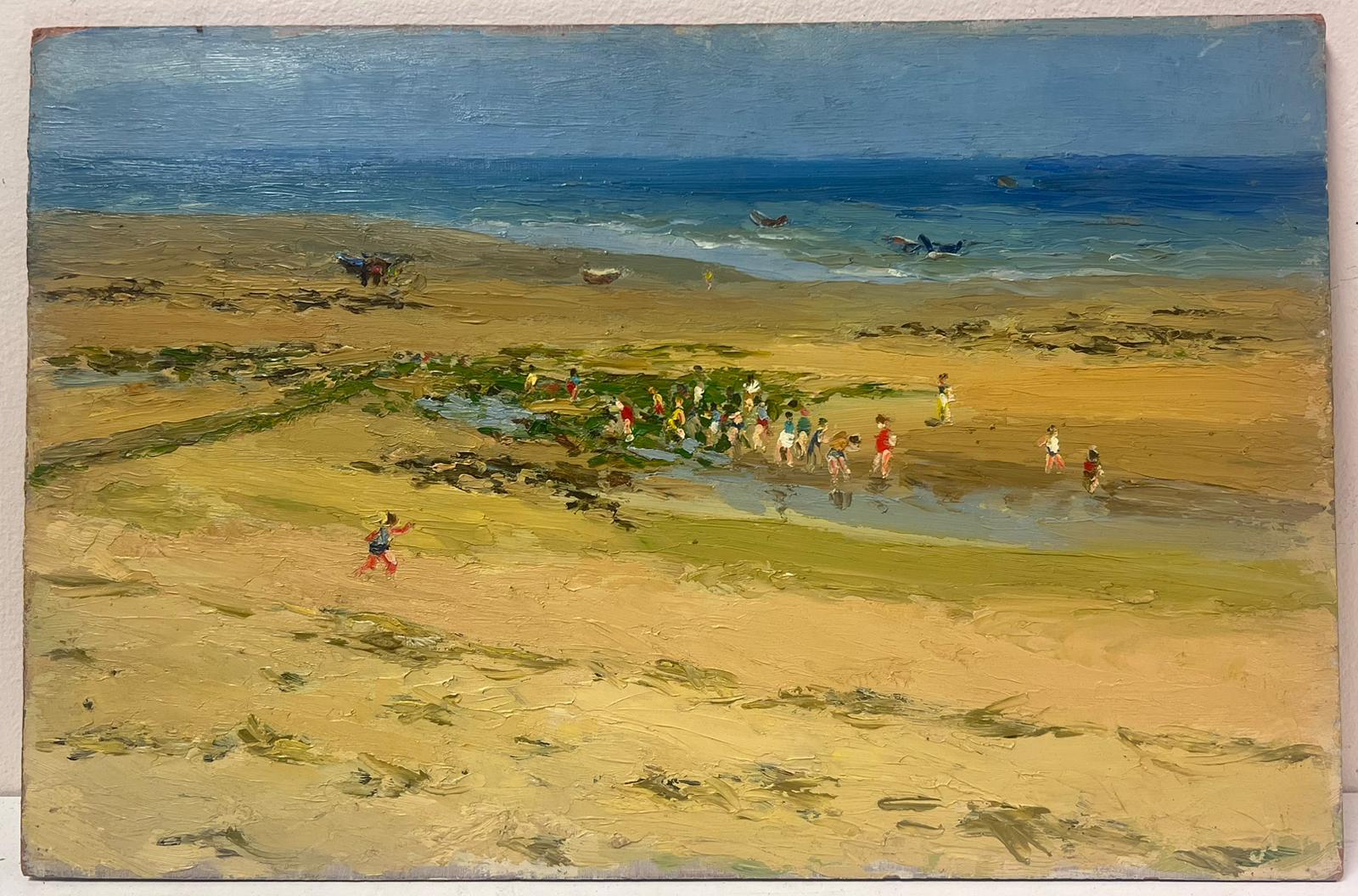 Crowded Beach Scene Figures Playing on Sand 20th Century French Oil Painting For Sale 1
