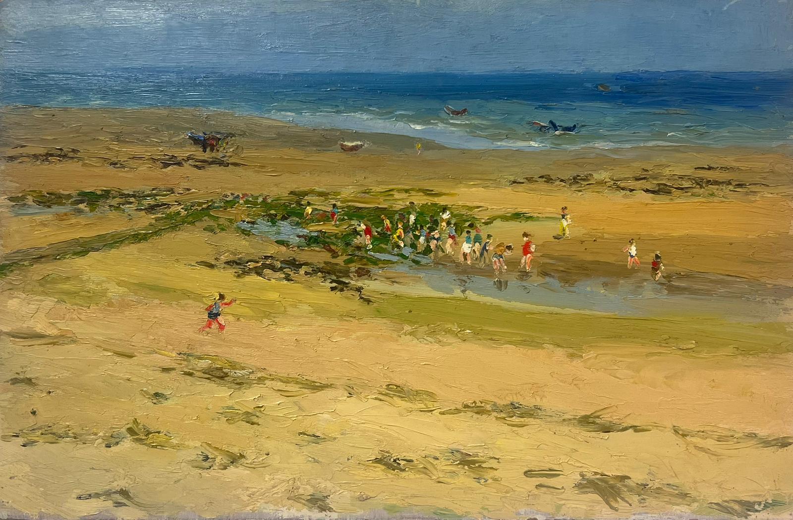 Josine Vignon Figurative Painting - Crowded Beach Scene Figures Playing on Sand 20th Century French Oil Painting