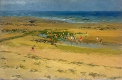 Peinture à l'huile française du 20e siècle, représentant des scènes de plage bondées jouant sur le sable