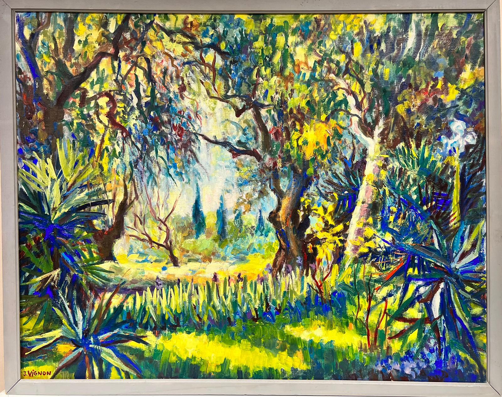 Josine Vignon Landscape Painting - Cypress Trees in Provence Woodland Summer Landscape 1960's Golden French Oil