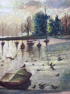 Dappled Light Over Still Harbour Large 1970's French Impressionist Pastel