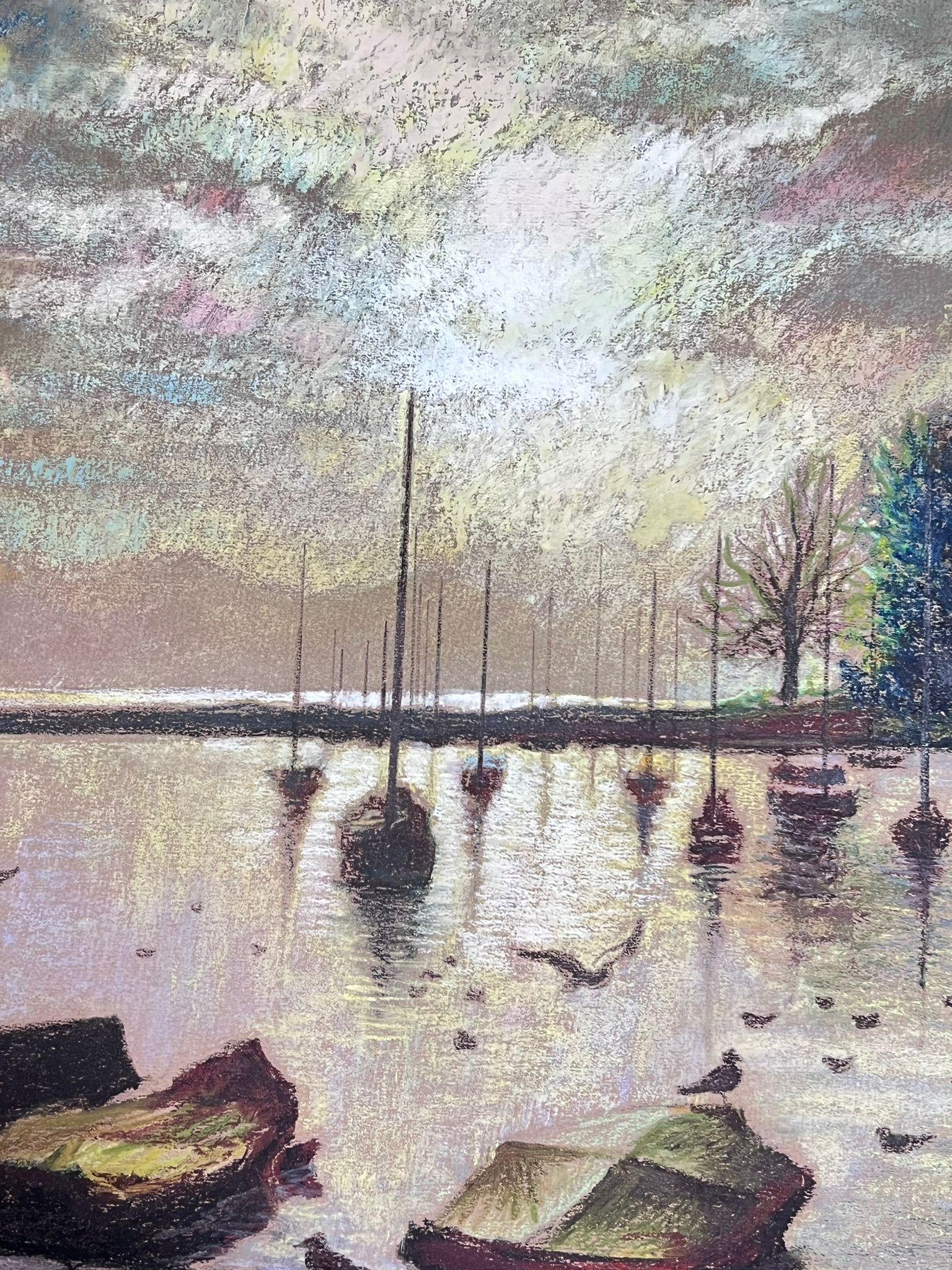 Dappled Light Over Still Harbour Large 1970's French Impressionist Pastel  For Sale 1