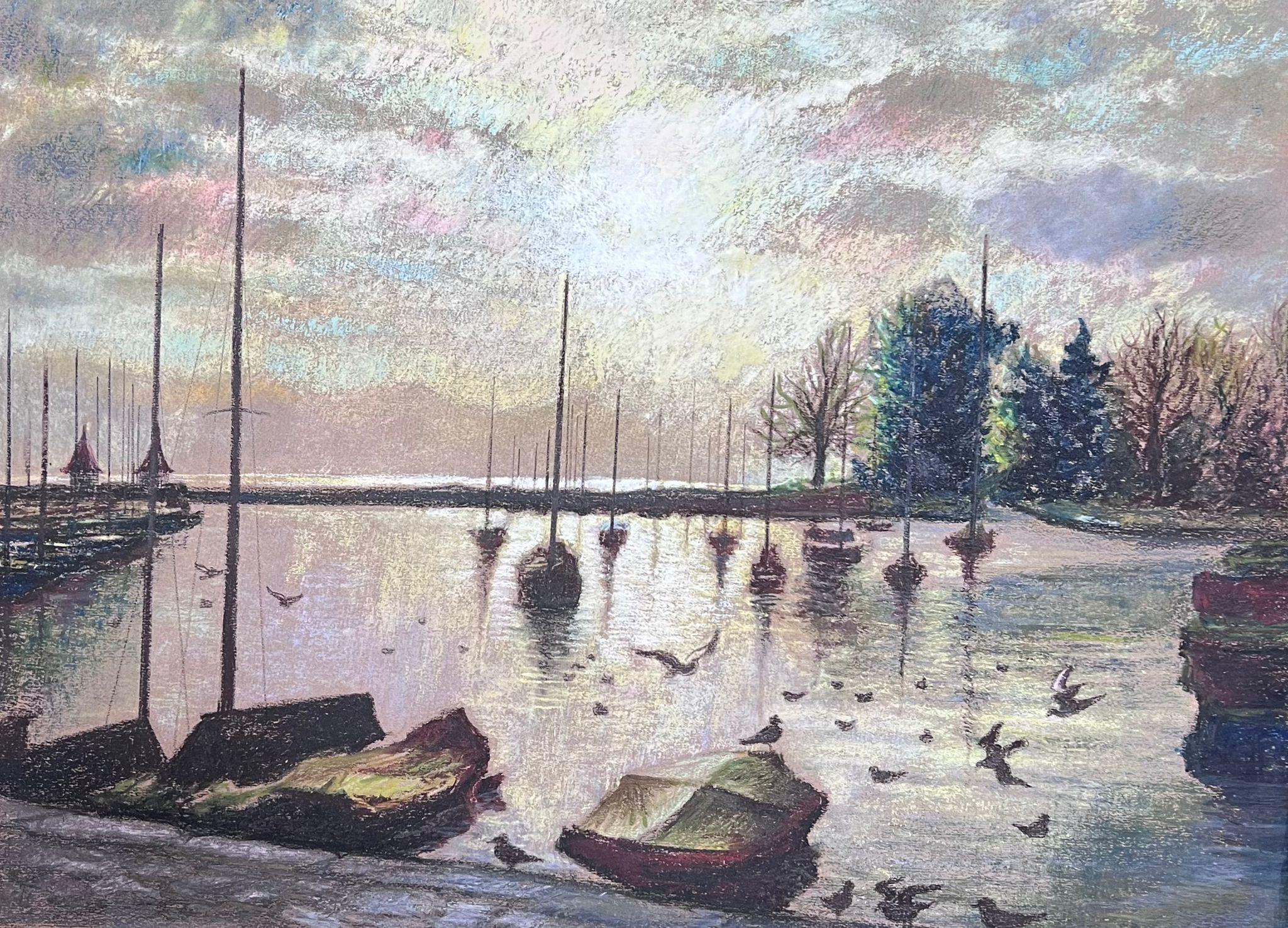 Dappled Light Over Still Harbour Large 1970's French Impressionist Pastel  For Sale 3