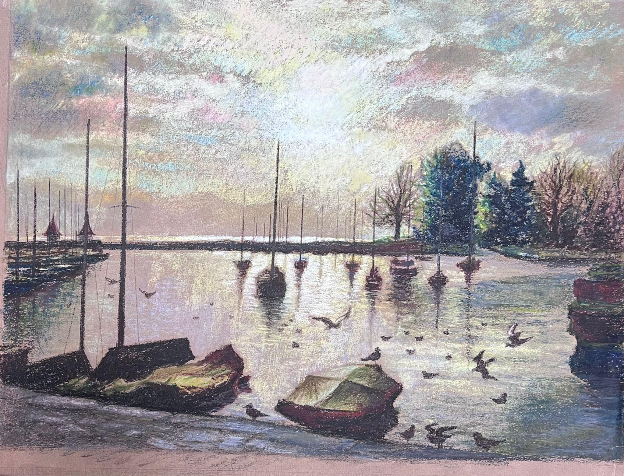 Josine Vignon Landscape Painting - Dappled Light Over Still Harbour Large 1970's French Impressionist Pastel 