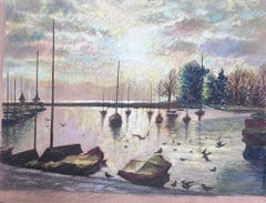 Vintage Dappled Light Over Still Harbour Large 1970's French Impressionist Pastel 