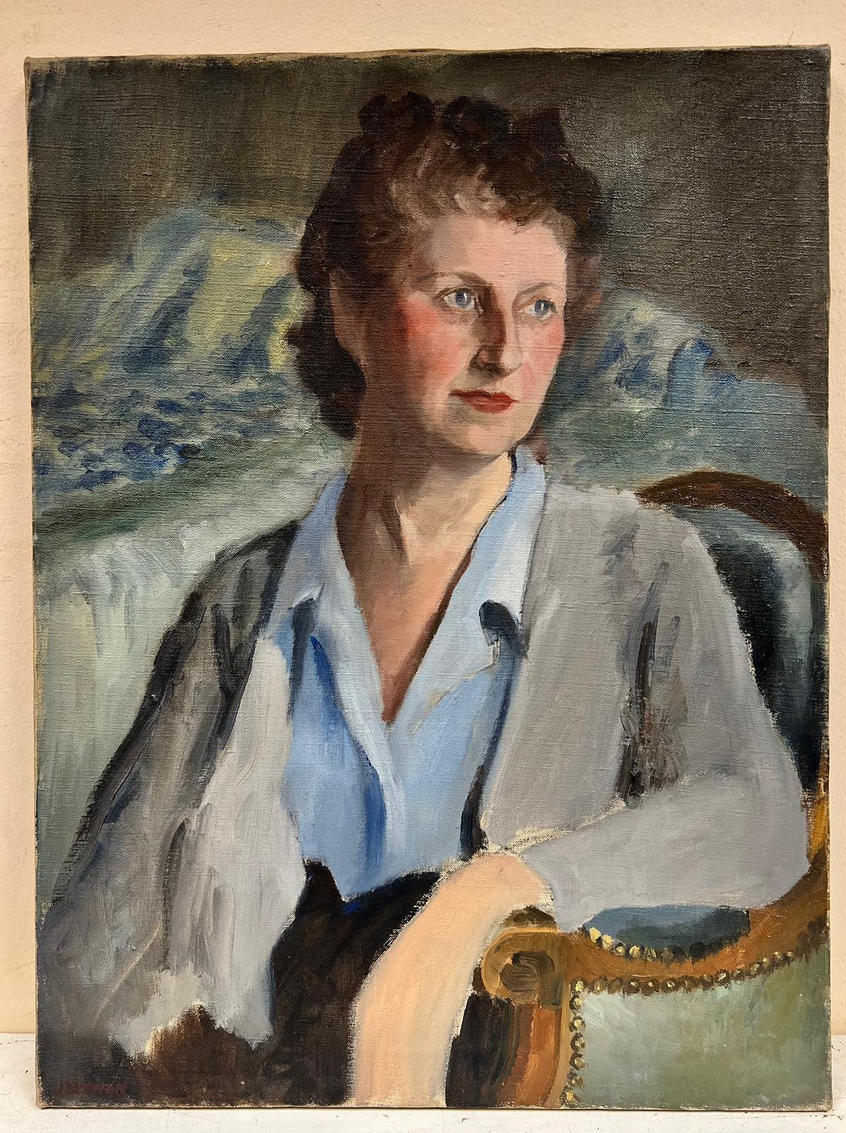 Elegante Signora dagli occhi blu Ritratto francese Impressionista firmato ad olio - Painting di Josine Vignon