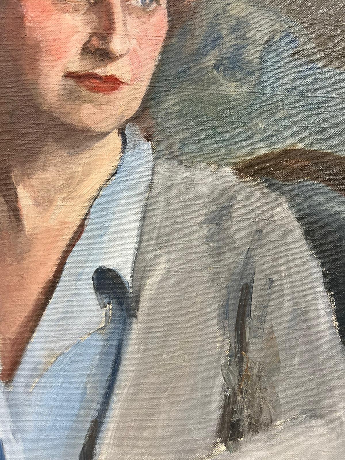 Elegant Blue Eyed Lady French Portrait Impressionist Signed Oil  - Post-Impressionist Painting by Josine Vignon
