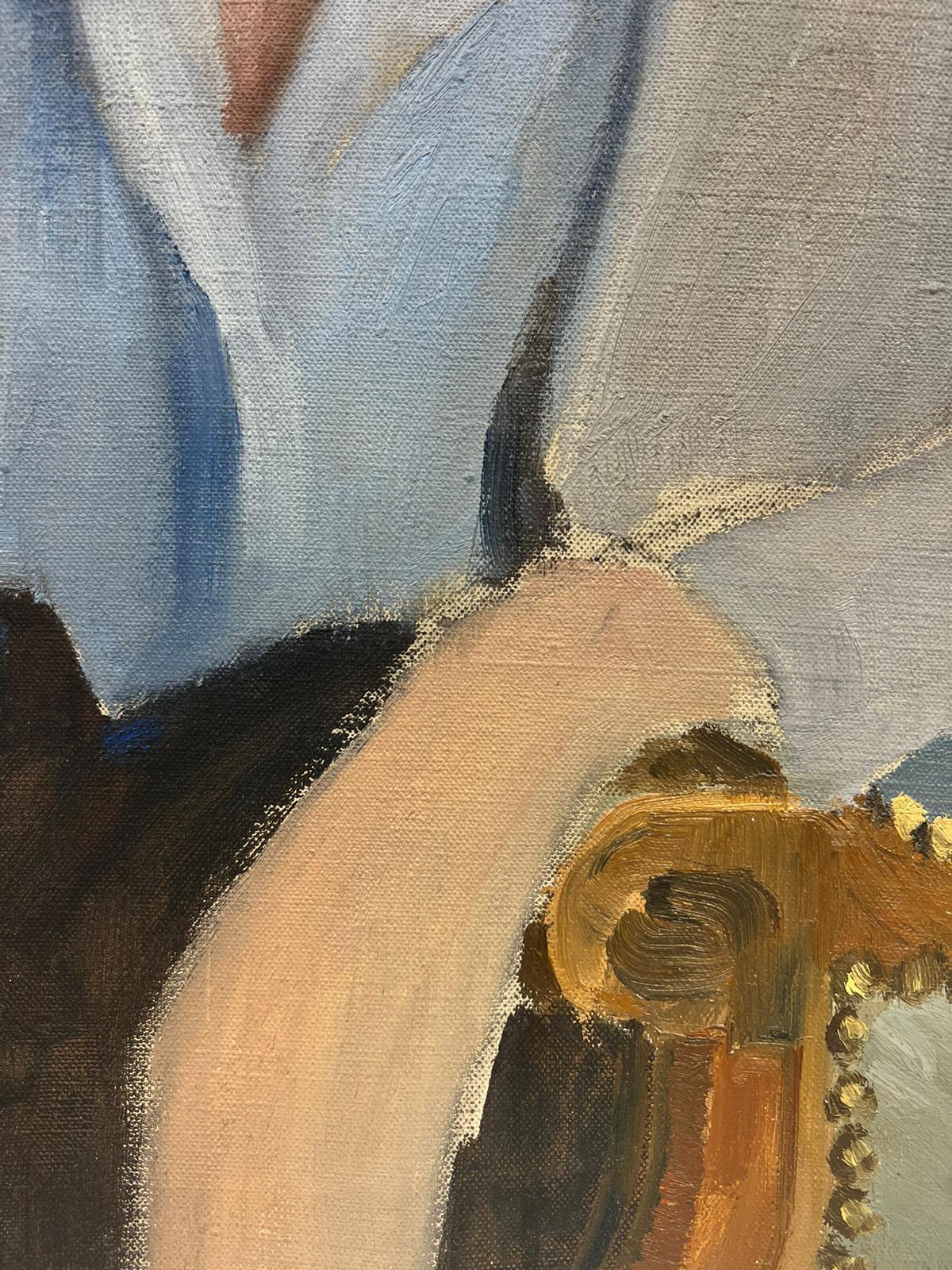 Elegante Signora dagli occhi blu Ritratto francese Impressionista firmato ad olio - Portrait Painting Grigio di Josine Vignon