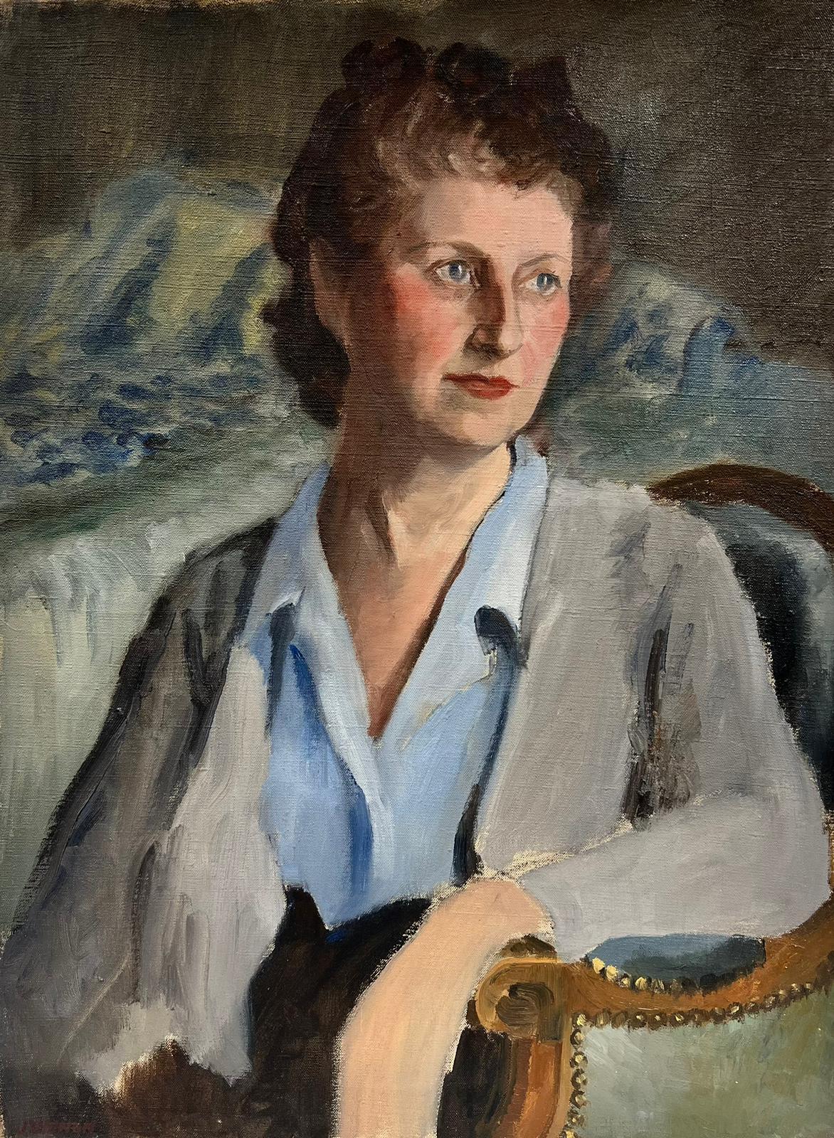 Josine Vignon Portrait Painting - Elegant Blue Eyed Lady French Portrait Impressionist Signed Oil 