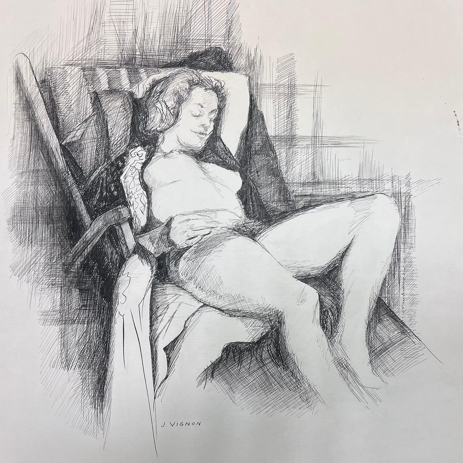 Elegante Tuschezeichnung eines liegenden weiblichen Aktes – Painting von Josine Vignon