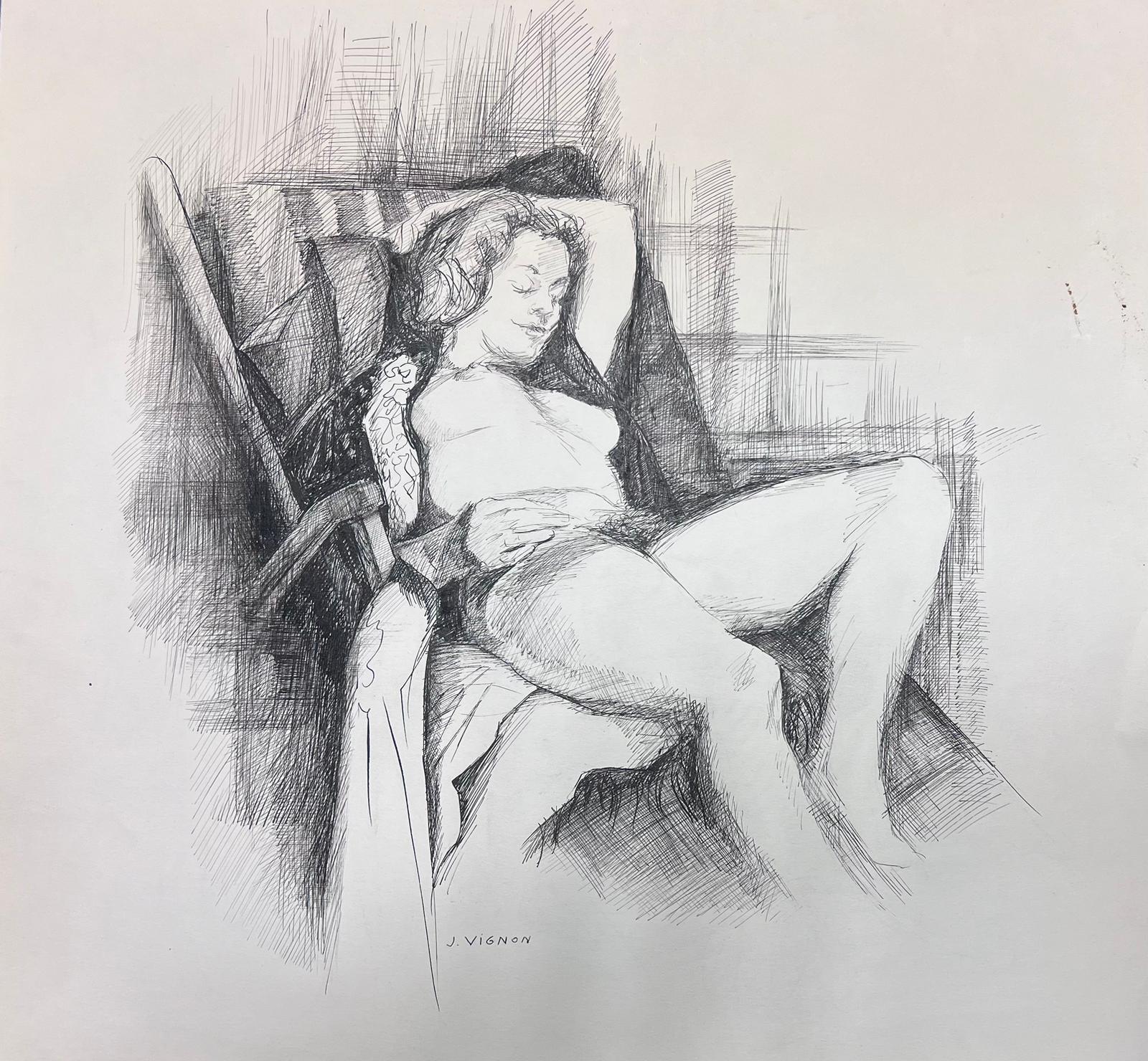 Elegante disegno a inchiostro di un nudo femminile reclinato