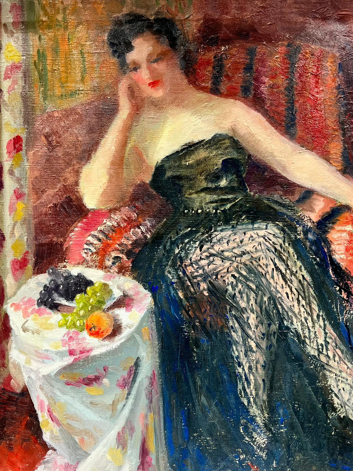 Elegant Lady in Interior next to a Bowl of Fruit
by Josine Vignon (French 1922-2022) 
signed and stamped verso
oil painting on canvas, unframed
canvas: 26 x 21 inches
very good condition 
provenance: from the artists estate, France

Josine Vignon
