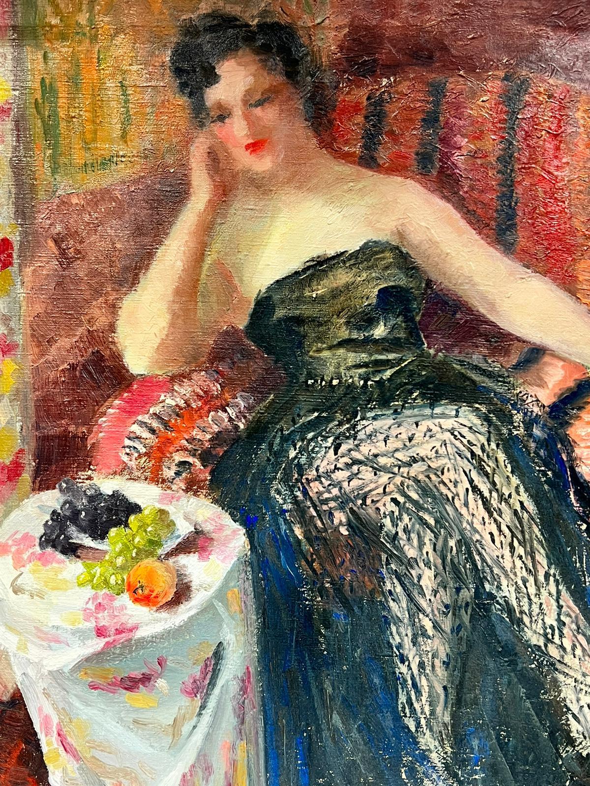 Elegant Lady in French Interior, 1960's French Post Impressionist Oil Painting For Sale 3