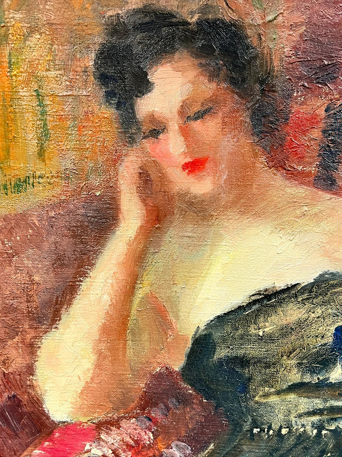 Dama elegante en interior francés, Pintura al óleo postimpresionista francesa de los años 60 en venta 4
