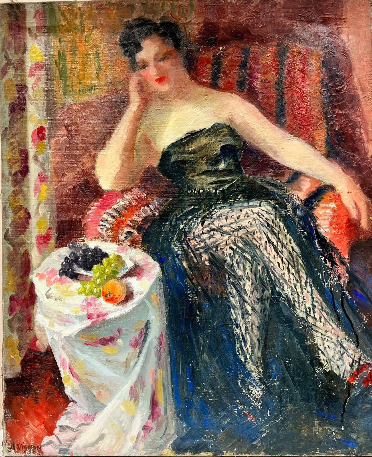 Josine Vignon Figurative Painting - Elegant Lady in French Interior, 1960's French Post Impressionist Oil Painting