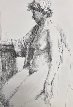 Ausdrucksstarke Federzeichnung einer sitzenden nackten Frau Französische Skizze