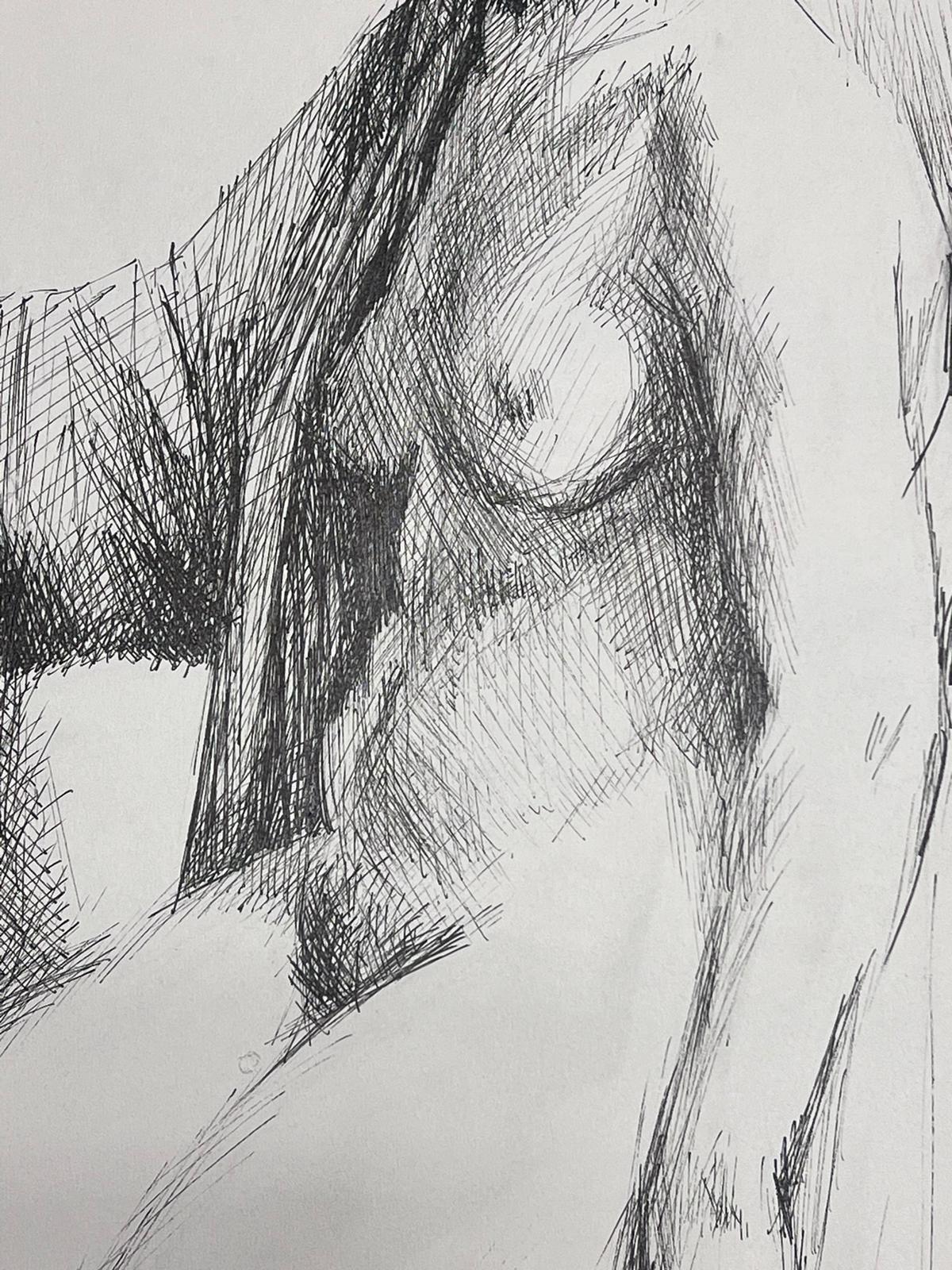 Disegno espressivo a penna e inchiostro di una donna nuda seduta Schizzo francese - Nude Painting Grigio di Josine Vignon
