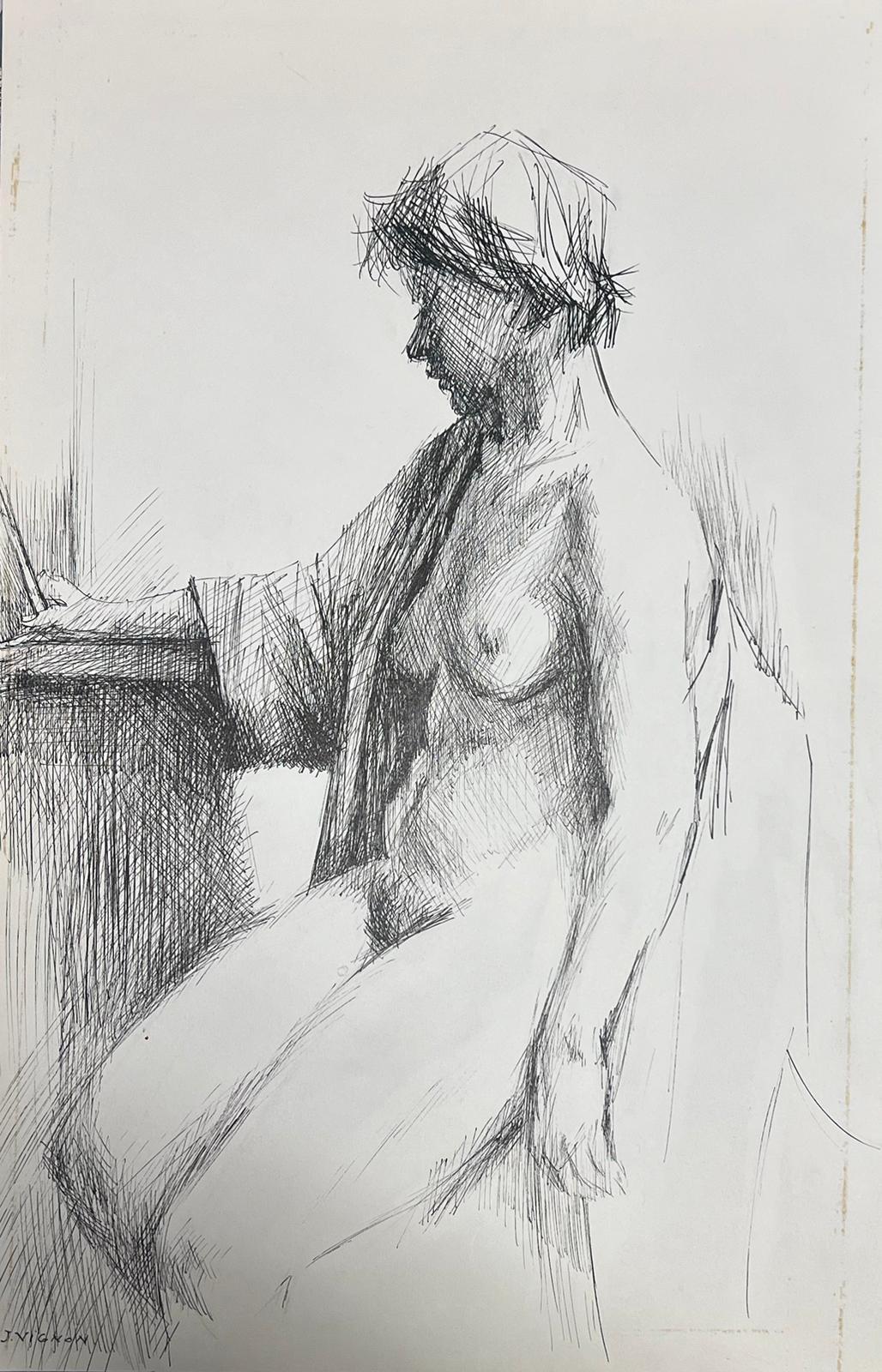 Disegno espressivo a penna e inchiostro di una donna nuda seduta Schizzo francese