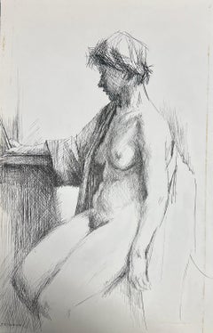Expressive Pen and Ink Drawing of a Seated Nude Woman French Sketch