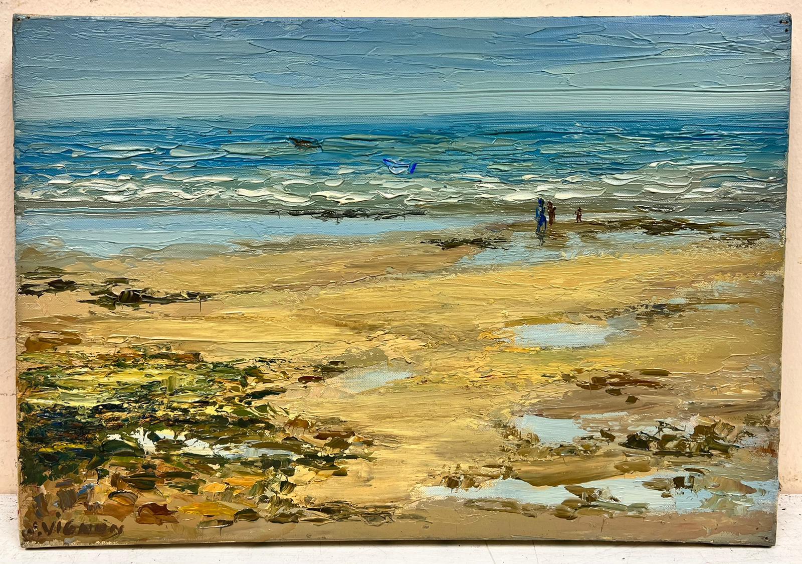 Figures Walking On The Southern French Beach Post Impressionist Signed Oil  - Painting by Josine Vignon