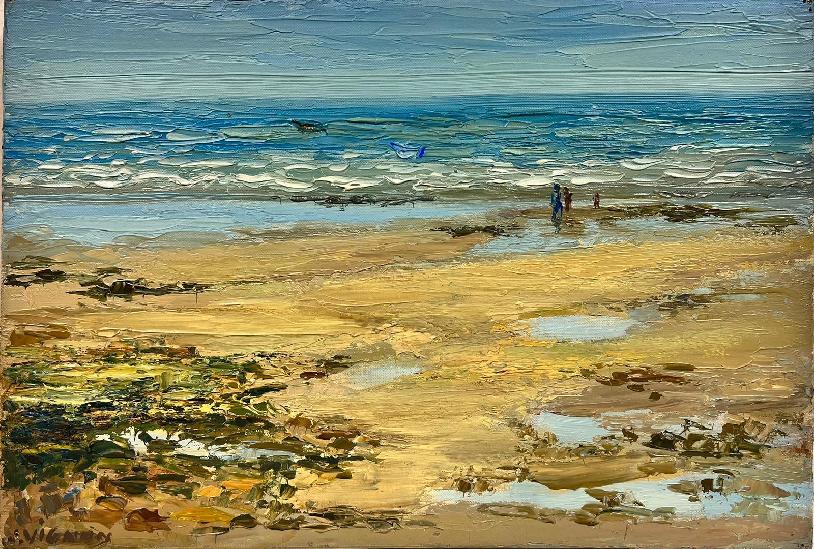 Figures marchant sur la plage du sud de la France, huile post-impressionniste signe 