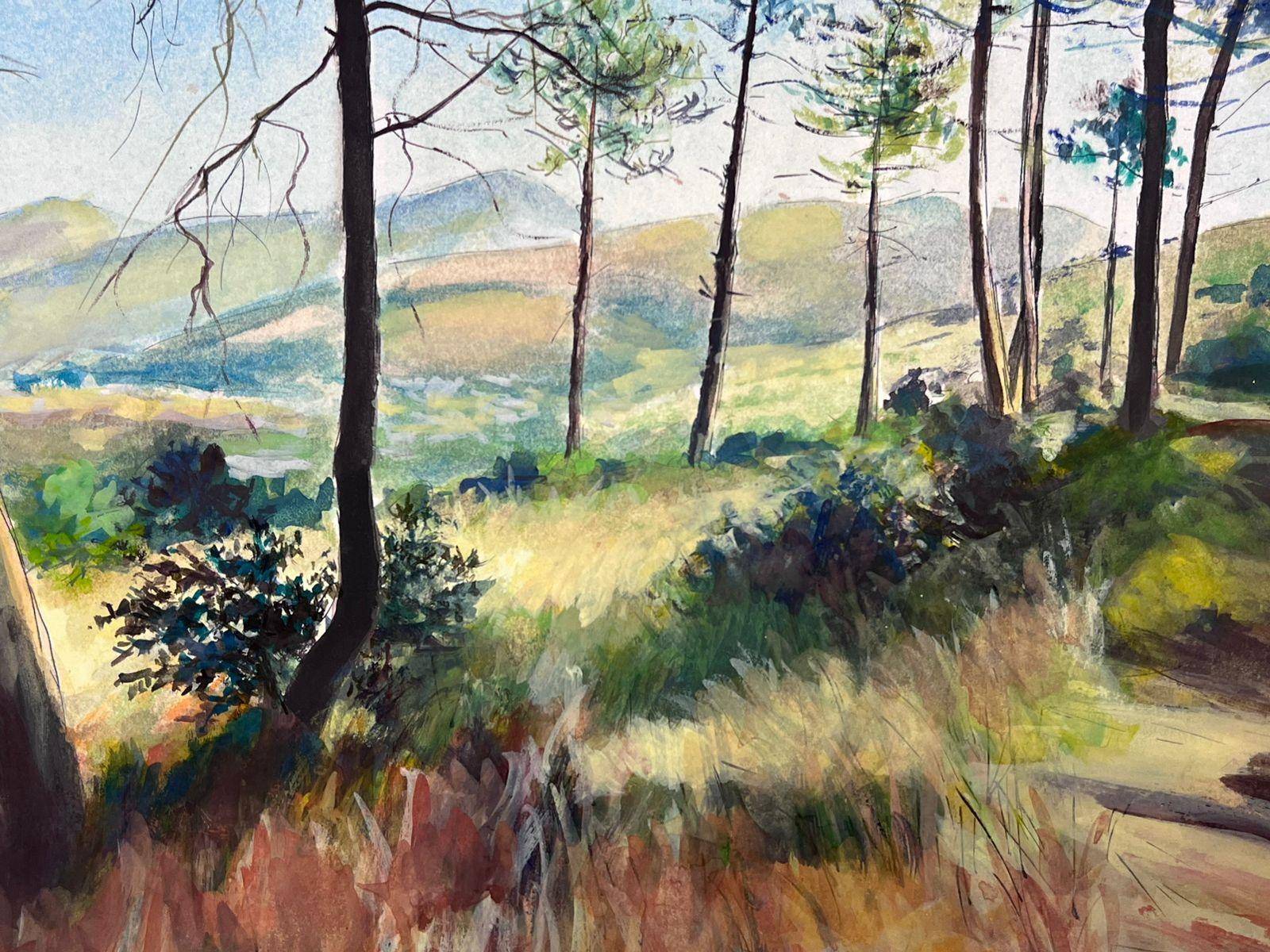 Paesaggio forestale con vista sulle montagne lontane, acquerello - Painting di Josine Vignon