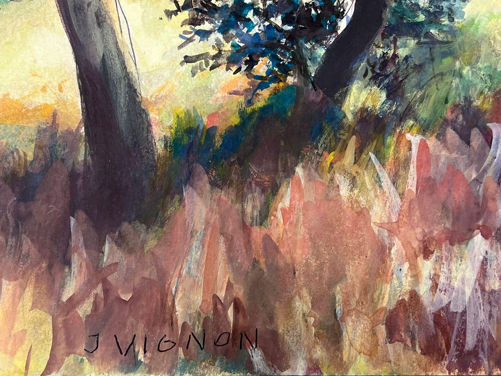 Paesaggio forestale con vista sulle montagne lontane, acquerello - Landscape Painting Marrone di Josine Vignon
