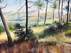 Paysage forestier avec vues de montagnes lointaines, aquarelle