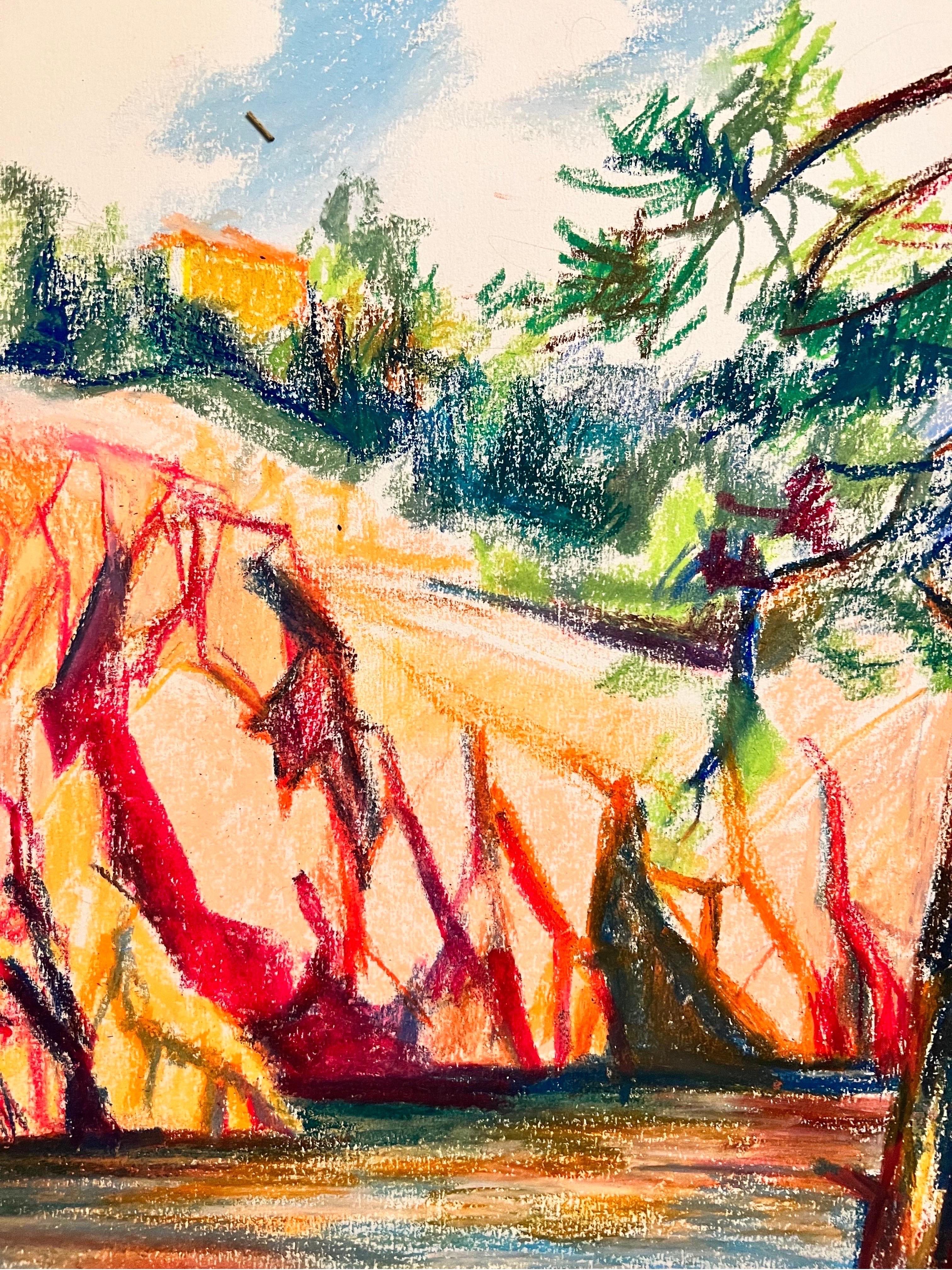 Paisaje lacustre francés en colores pastel, brillante y vibrante, en Le Trayes - Landscape Painting Beige de Josine Vignon