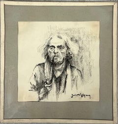 French Charcoal Portrait of an Elderly Man Smoking a Pipe Drawing