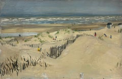 Vintage French Coastal Beach Scene with Sand Dunes 20th Century French Oil Painting
