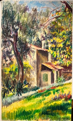 Französisches impressionistisches pastellfarbenes Gemälde, Sonnenlicht, Chateau Along The Path, Landschaft