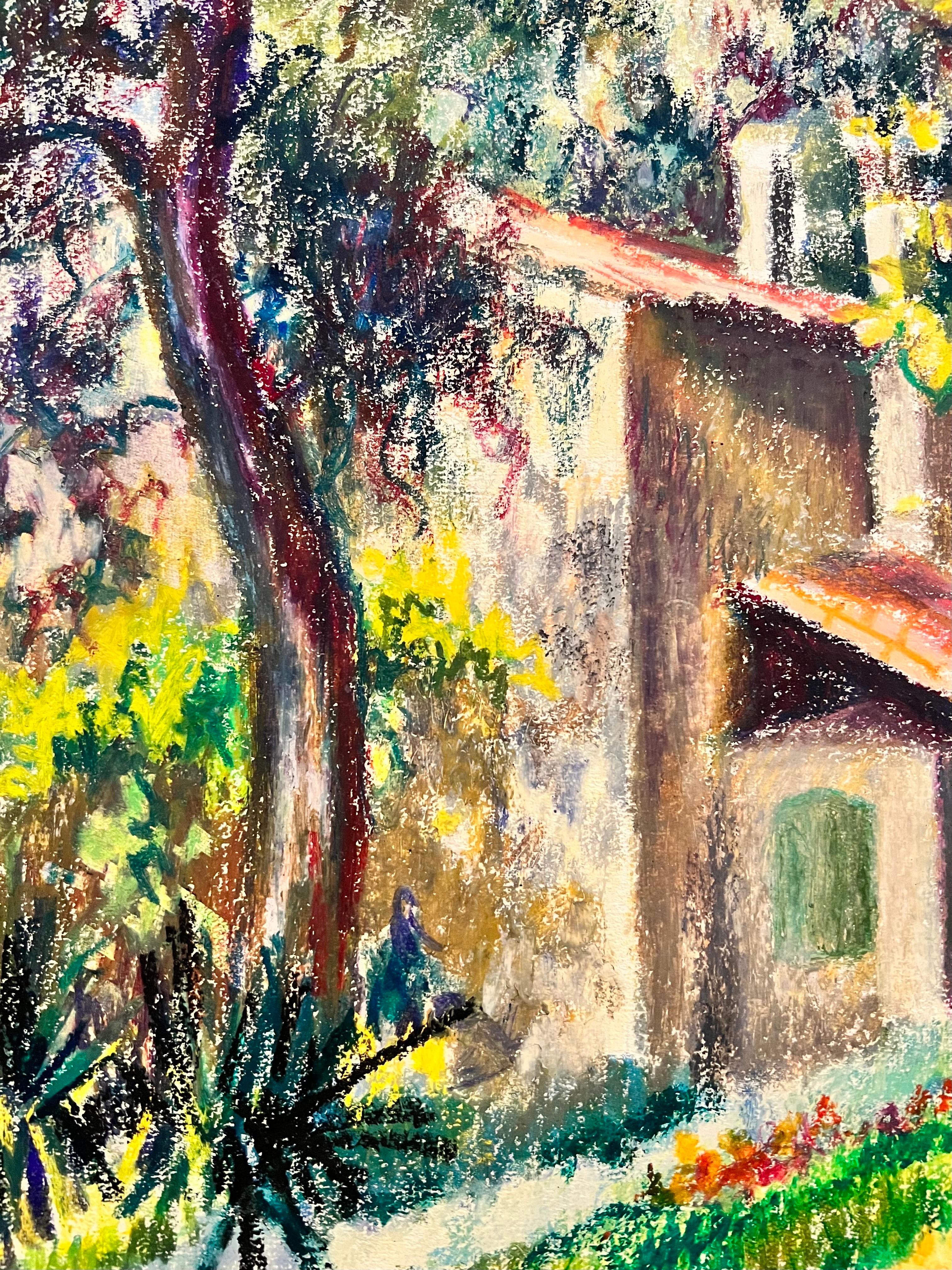 French Chateau
by Josine Vignon (French 1922-2022)
signed and stamped verso
oil pastel painting on artist paper, unframed
painting: 19.5 x 11 inches

Colors: Green colors, red, blue, red, yellow, and burgandy

Very good condition

Provenance: from