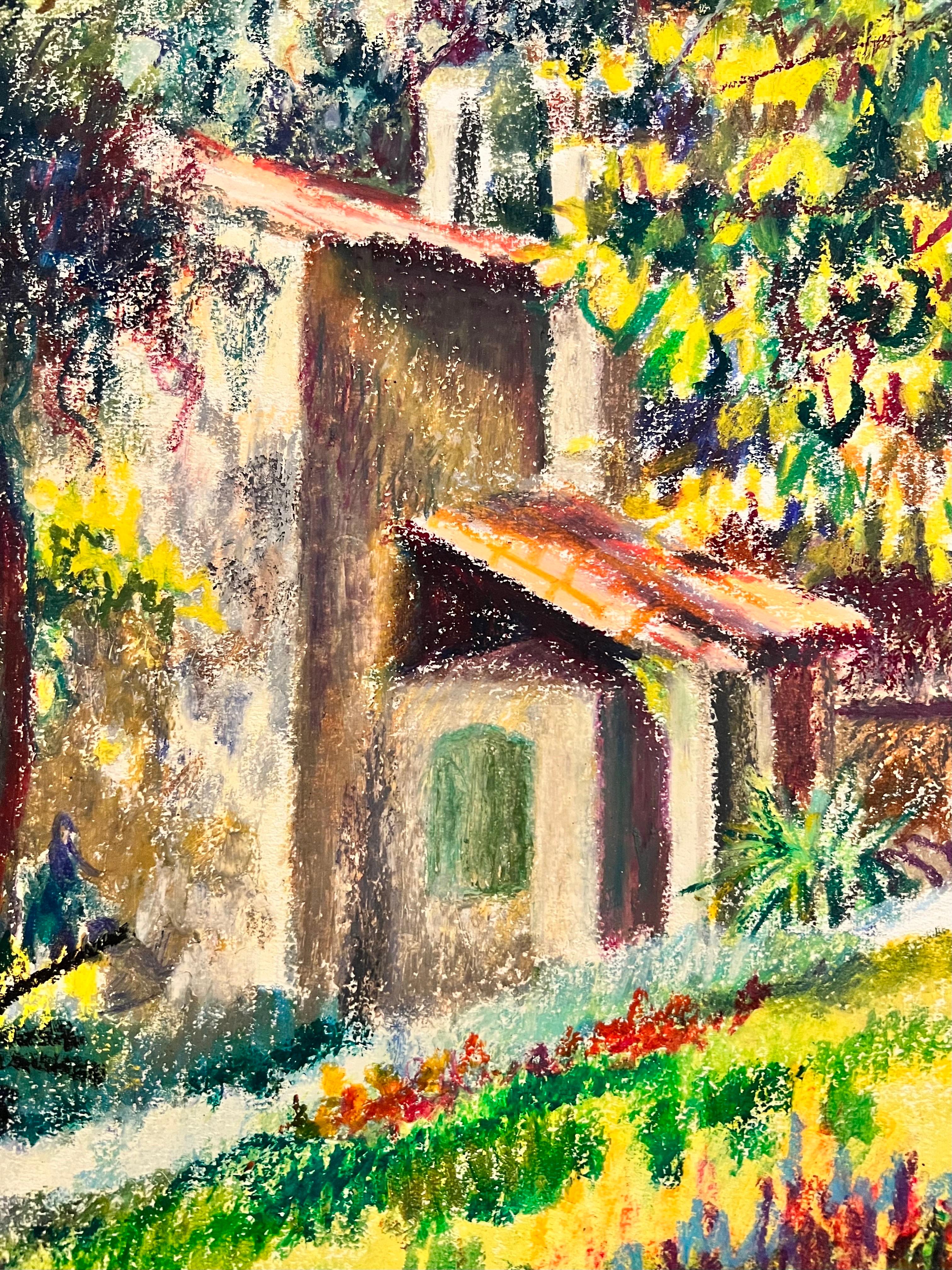 French Impressionist Pastel Painting Sunlit Chateau Along The Path Landscape For Sale 1