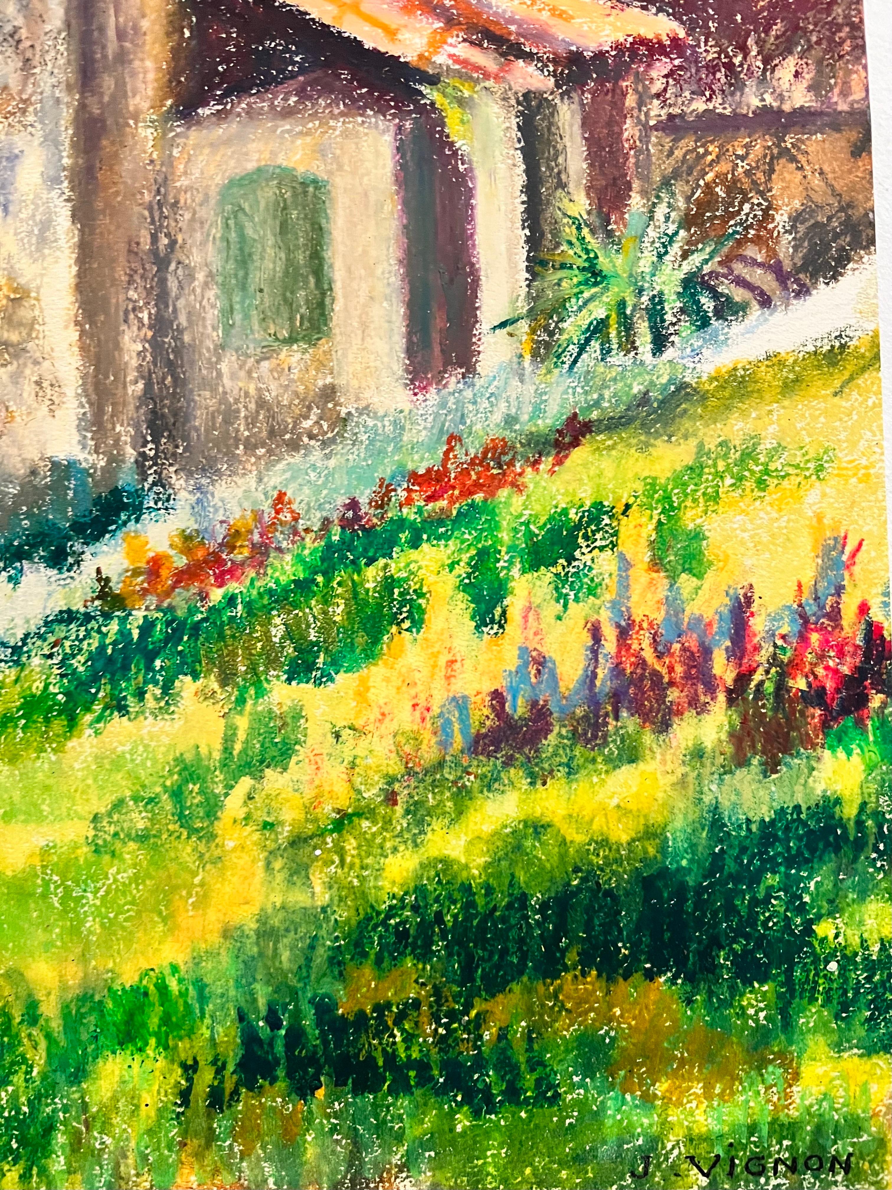 French Impressionist Pastel Painting Sunlit Chateau Along The Path Landscape For Sale 2