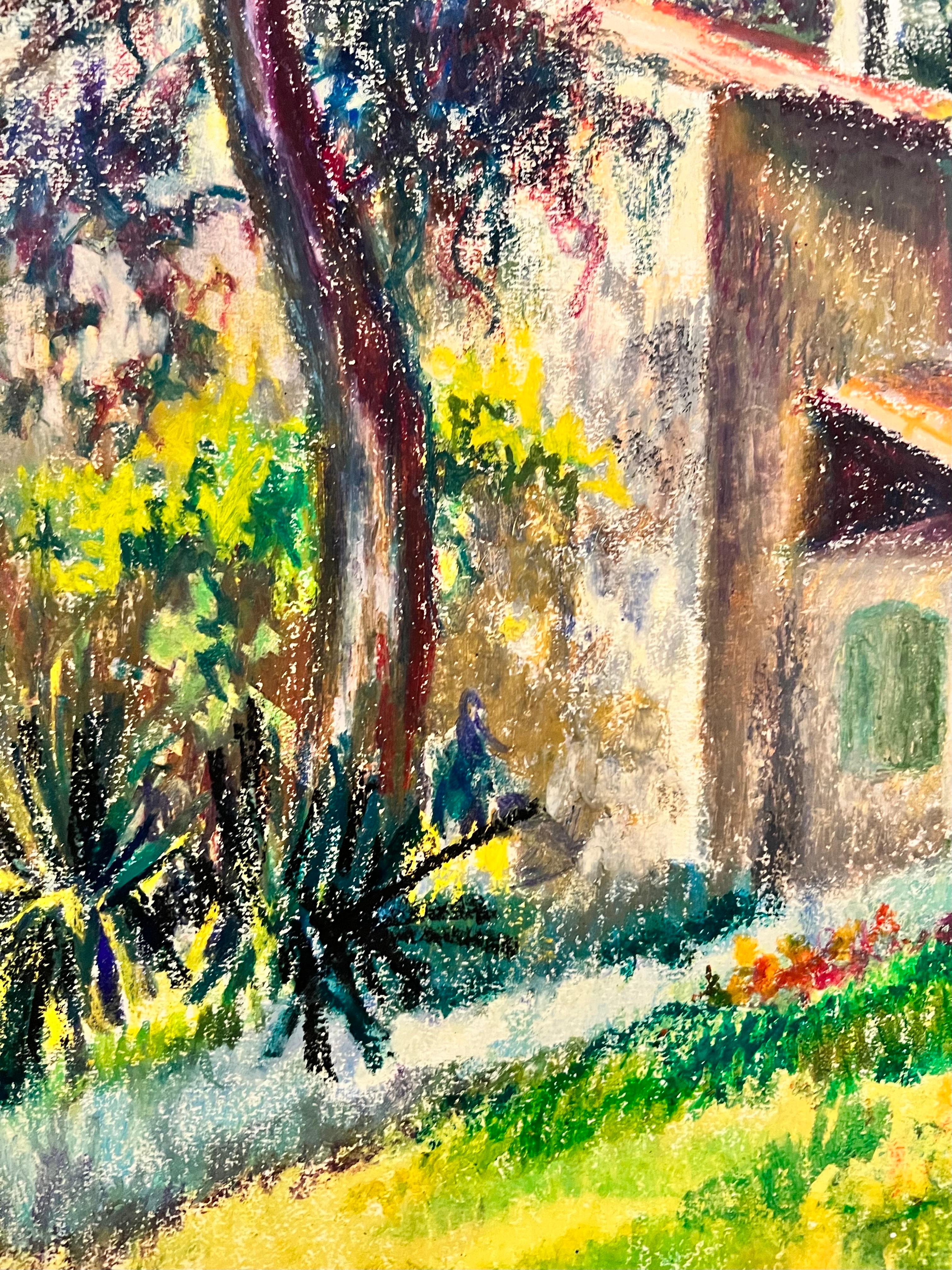 French Impressionist Pastel Painting Sunlit Chateau Along The Path Landscape For Sale 3
