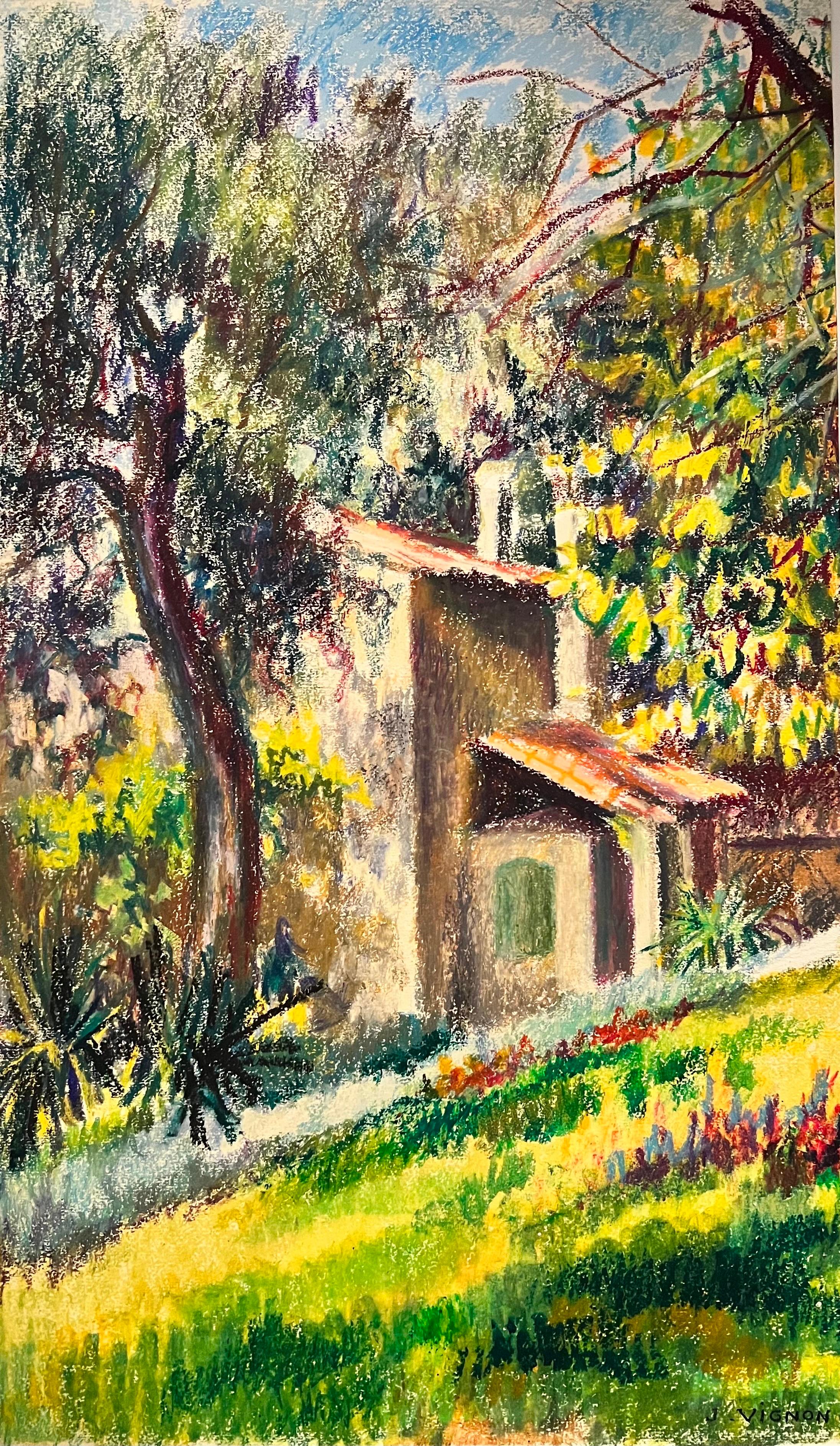 Landscape Painting di Josine Vignon - Pittura impressionista francese a pastello Chateau illuminato dal sole lungo il sentiero Paesaggio